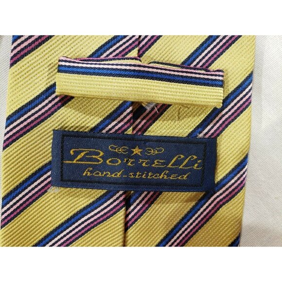 Borrelli Mens Gold/Pink/Blue Striped Hand Stitched Dress Tie - Picture 2 of 5